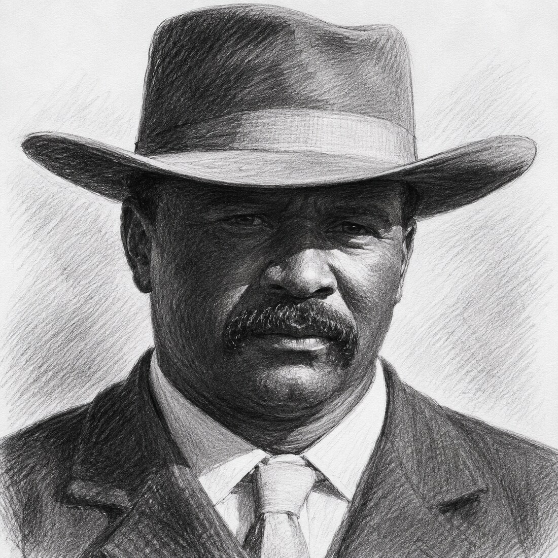 William &ldquo;Curly&rdquo; Neal — a black-and-white pencil portrait of him in a wide-brimmed hat, mustache, suit and tie.